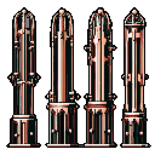 I want a tall vertical copper structure reminiscent of a organ pipe. It should have strange mechanical details that could interlock with each other. I also want this object usable an asset in a videogame, meaning only one object per image, outlined with a strong black stroke, on a solid-color background.