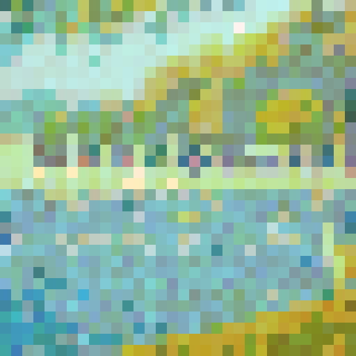 Create a 32-bit pixel art rendition of Georges Seurat’s ‘The River Seine at La Grande-Jatte’ using uniform square pixels. Capture the tranquil riverside scene with trees, water, and people relaxing on the shore. Use soft, harmonious, and muted colors to mimic Seurat’s impressionist style, translating his pointillist brushstrokes into evenly spaced square pixels. Focus on smooth transitions and subtle color blending, avoiding vivid or sharp tones, and emphasize a balanced, serene atmosphere.