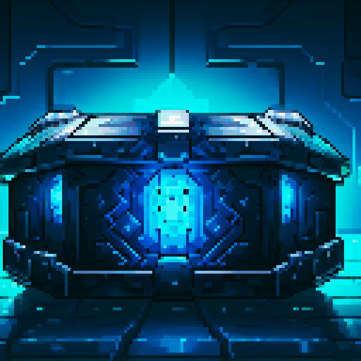 mystery box, stone, metall, shiny, pixel art, sRGB, vibrant colors, glowing lights, intricate patterns
