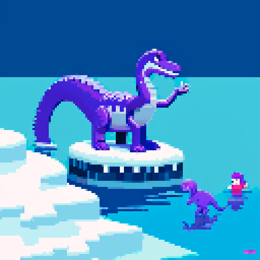 Large purple smiling loch ness dinosaur, frozen lake, winter, monkey on top