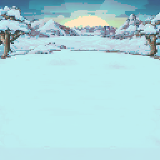 Snow-covered plains framed by leafless, barren trees under a cold, twilight sky. Rugged, snow-capped mountains rise in the distance, with a soft glow of a setting sun on the horizon. The scene is dominated by icy whites and muted blues, with faint shadows creating a chilly and tranquil atmosphere.
