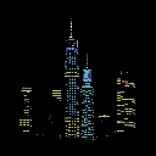 large skyscrapers at night, large dark blue sky, viewed from afar, retro, nostalgic feel