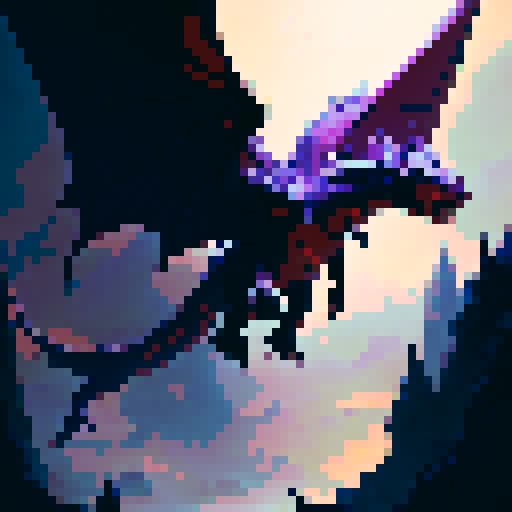 Fiery dragon with shimmering scales, wings spread wide as it soars through a cloudy sky, spewing flames from its monstrous jaws with a backdrop of a mystical kingdom in a fantasy RPG style