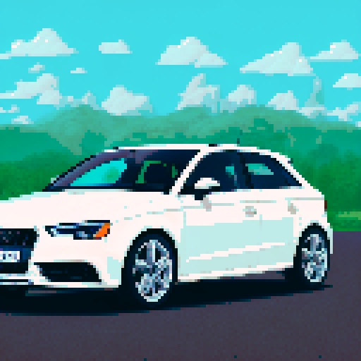 photorealistic Audi A3, centered, right wheel forward, clean background, pixel art, sRGB