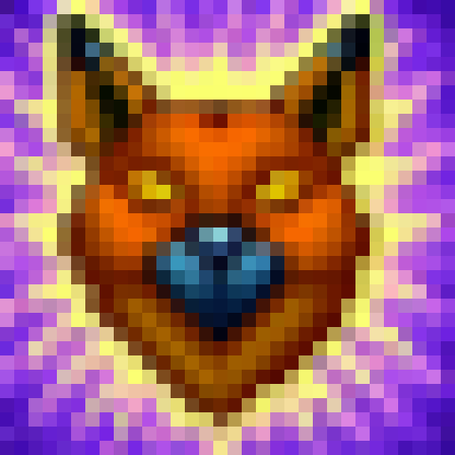 Feigning death, a sly fox lies motionless amidst the autumn leaves, its fur a fiery orange against the cool blue sky in a 32x32 pixel art style.