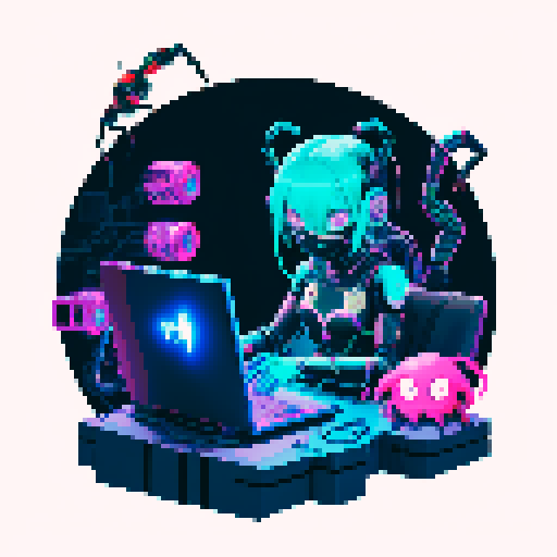 cute cyberpunk scorpion with human head, human head is from anime inspired character with vibrant hair, expressive eyes, a playful smile, and a mouth mask, scorpion is playing computer games, tables with potato chips and coca cola, scorpion's tail is large and should be fully in the picture, bright yellow and cyan and pink lights