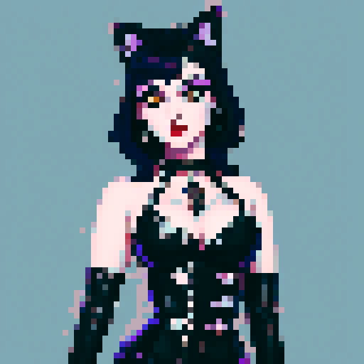 curvy, cute busty greaser goth girl's face, goth cat girl, whole head portrait, black hair, purple eyeshadow, red lipstick, low cut black studded leather halter top, studded collar, game avatar portrait, vibrant sRGB colors