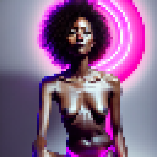 Makima, alluring and confident, perches nude atop a sleek black chair, her form illuminated by a neon pink glow, beckoning to the viewer in a hyperrealistic digital art style.