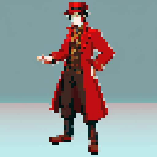 steampunk young man, red coat, red hat, 2D game stance, pixel art, sRGB, full body