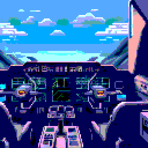 spaceship cockpit interior, blinking lights, knobs, dials, first person view, moody atmosphere, pixelated starscape, retro sRGB color palette, pixel art landscape