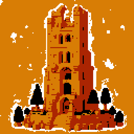 2d Red clay tower in an ancient english style. Old and crumbling but still upright. Usable as an asset (clear, thick lines and a white background). Put a black stroke around the composition