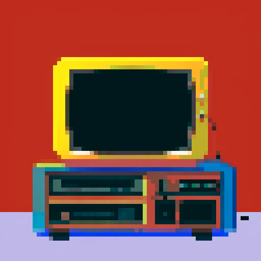 Retro game console plugged into old tv. TV shows image of a cabin on screen. 