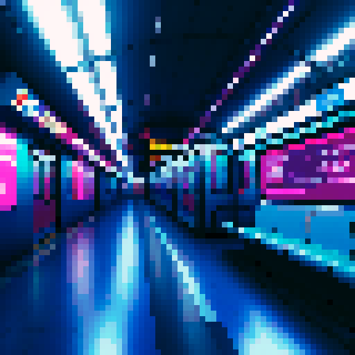 Subway metro train at a station platform emitting radio transmission beam, cyberpunk