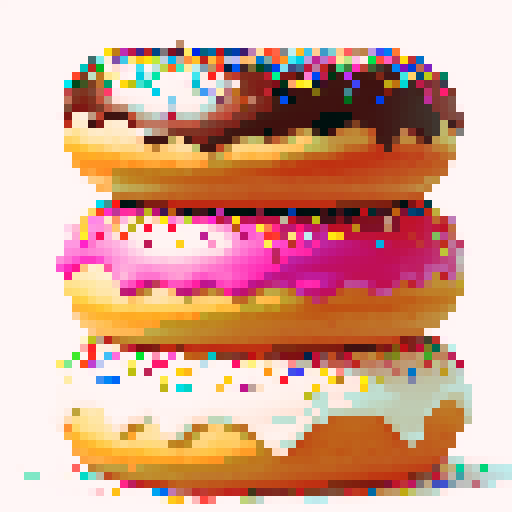 three big doughnuts in center of a frame, with vibrant colored icing dripping down, sprinkles on top, white background