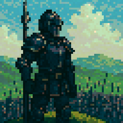 Fire Emblem male soldier, dark armor, covered helmet, standing above army, top hill, sRGB, pixel art