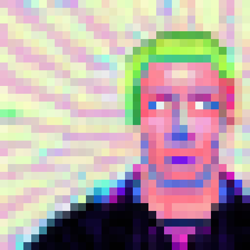 Neon-lit cyberpunk portrait with vibrant hues of electric blue, hot pink, and acid green in a 16x16 pixel art style.