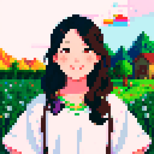 stardew valley-inspired, woman, asian, pixel art, sRGB, vibrant colors, rustic backdrop, dark hair, glowing skin, gentle smile, rosy cheeks