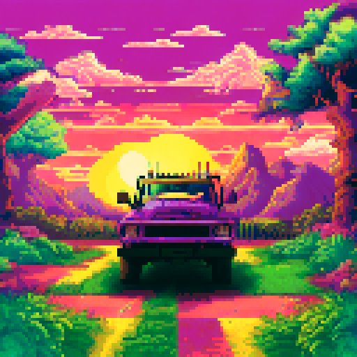 Purple sunset with green fields next to a highway with someone driving a pick up truck