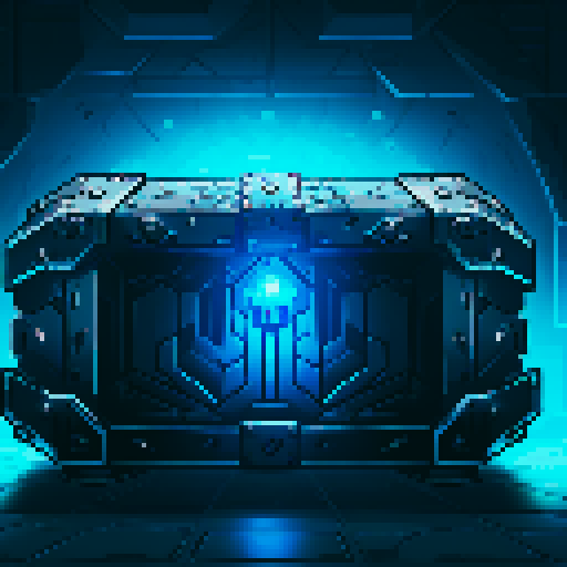 mystery box, stone, metall, shiny, pixel art, sRGB, vibrant colors, glowing lights, intricate patterns
