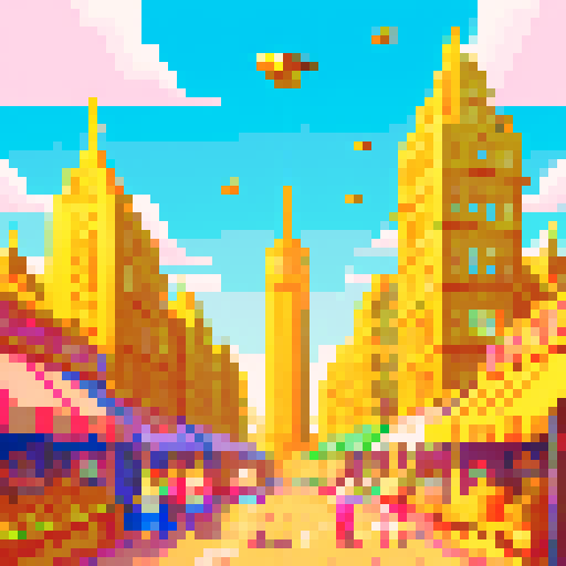 Imagine a vibrant, pixelated world known as Money Land, where the air is thick with the excitement of flying gold coins. This digital realm is filled with towering skyscrapers made of gleaming gold and silver, reflecting the bright, sunlit sky. Streets are lined with bustling marketplaces, where pixelated residents trade and barter using shimmering gold coins that seem to have a life of their own. In the sky above, gold coins of various sizes fly freely, leaving trails of glittering light in the