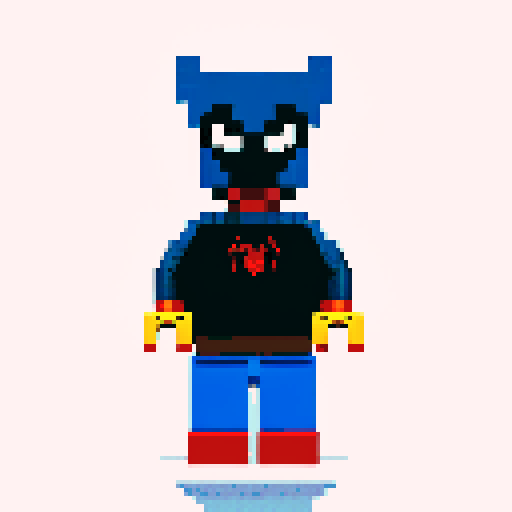 spiderman swinging through a pixelated cityscape, his Lego-like figure blending seamlessly into the vibrant, retro-inspired pixel art style of sRGB