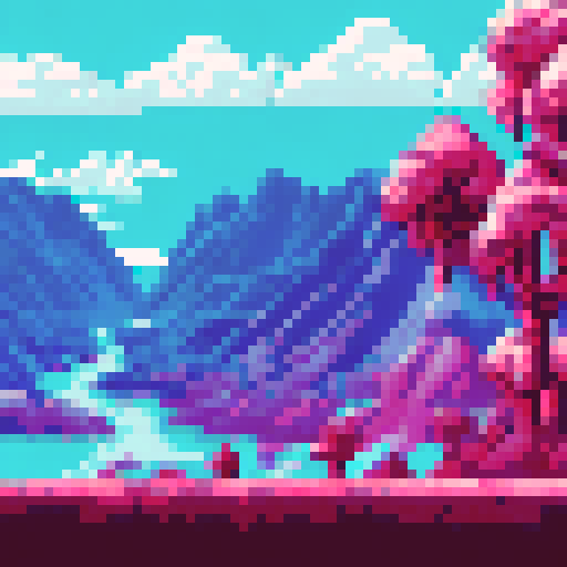 8-bit winter background with lots of sky with colour #29B5E8. Mountains, trees and snow.