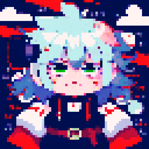 "Red-haired daemon with sea-green eyes stares menacingly into the distance, gripping an axe tightly, captured in a close-up character portrait depicting an anime style with pixel art elements."