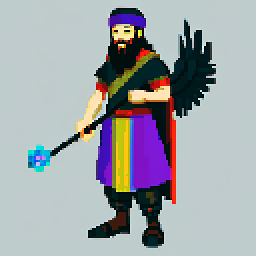 raven-like druid with beard, staff in hand
