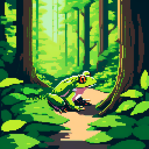 frog with open mouth, vibrant green, moss-covered forest path, sunlight filtering through canopy, dappled shadows, pixelated leaves, detailed pixel art, sRGB color space