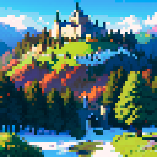 Knight sleeping under a tree while a castle sits in the background. Snow-capped hills. All rendered in a vibrant, pixelated art style on an sRGB background