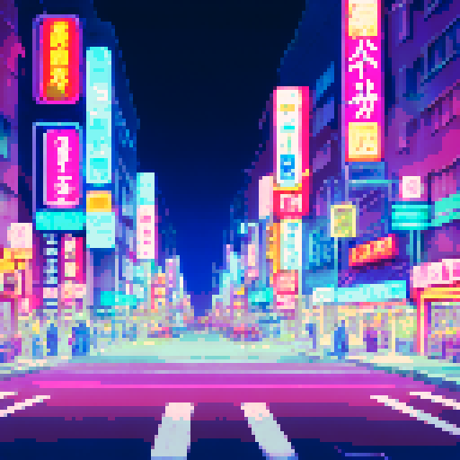Tokyo skyline, illuminated skyscrapers, neon-lit streets, pastel-hued cityscape, palm trees, retro arcade signs, futuristic billboards, glitchy pixelated buildings, vibrant cyberpunk atmosphere, glossy reflections, soft gradient skies, dreamy vaporwave aesthetic