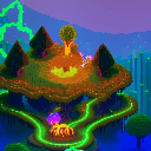 Dozens of glowing vines, pulsating with energy, wrap around a towering, gnarled tree with sparkling leaves, guarded by ethereal spirits wielding crackling lightning bolts in a pixel art landscape, with a background pulsing in sRGB hues