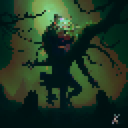 A large tree with dozens of limbs, a demon face, and teeth, walking through the forest