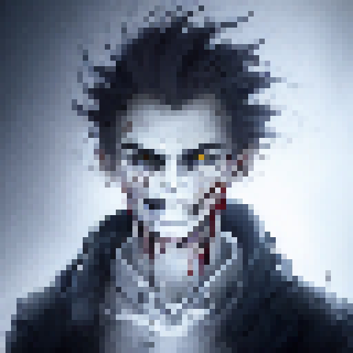 clear, full face, white hair, evil grin, bloody scratch, youthful boy, cold, suit, glowing eyes, retro, soft, straight hair