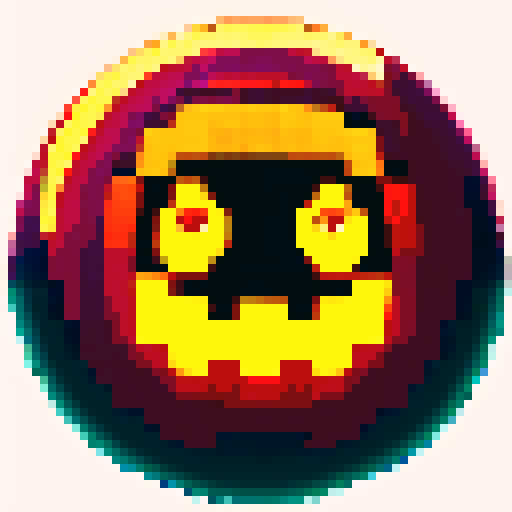 giant spherical yellow head with a toothy mouth and three glowing eyes, retro-style 16-bit, 64x6