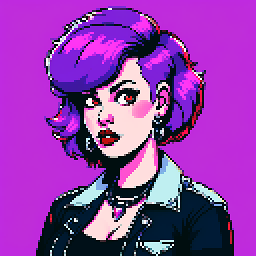 Plus size busty greaser goth girl, with long purple hair, eyeliner, red lipstick. wearing a studded collar. Posing for a face portrait, avatar photo. vibrant sRGB colors, pixel art, edgy aesthetic