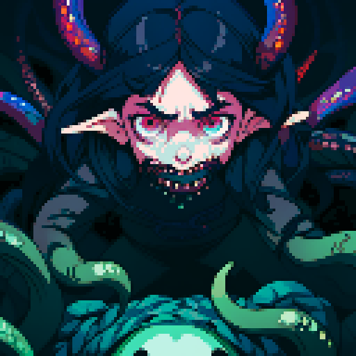 eldritch being, tentacles writhing, brain pulsating, many eyes staring, eyeballs bulging, sRGB pixel art