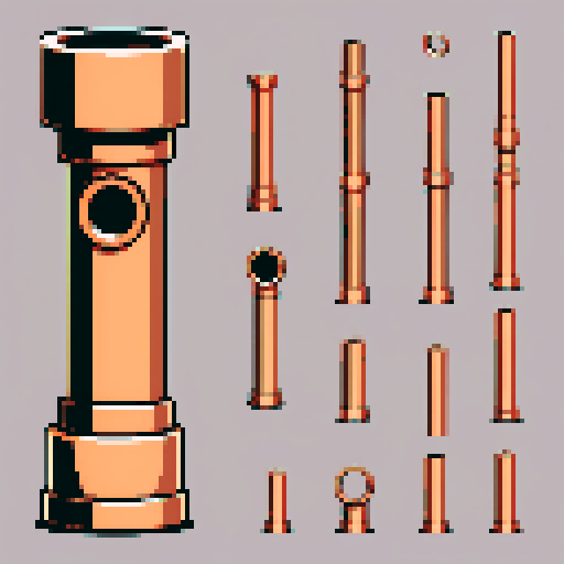 I want a tall vertical copper pipe that looks like a cannon barrel. I want this object usable an asset in a videogame, meaning only one object per image, outlined with a strong black stroke, on a solid-color background.