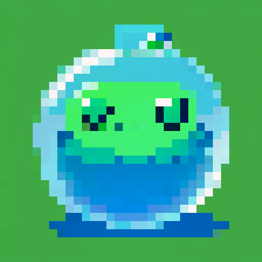 A simple amorphous blob with a glossy, semi-transparent green body. It has big, round eyes and a goofy smile, with small bubbles inside its jelly-like structure.
