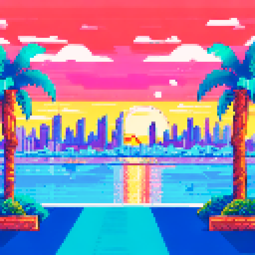 Monaco skyline at sunset, towering palm trees, sparkling ocean, grandstands filled with spectators cheering on their favorite racer, all depicted in retro pixel art style with a muted sRGB color palette