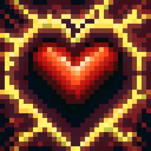 Health Icon Heart, vibrant red, pixelated, game icon, skillfully crafted, intricate details, 32x32 pixels, sRGB colors, close-up view, portrait style, dynamic shading, glossy finish