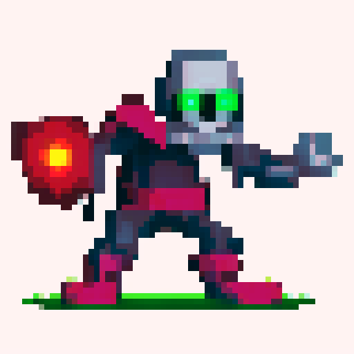 A skeleton knight with a neon green cape.