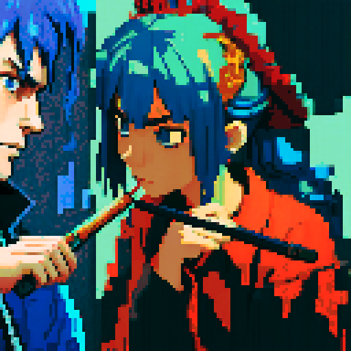 blue haired girl smoking cigarette, and man on the left holding gun