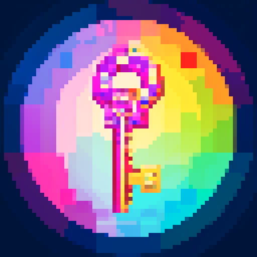 magical key, glowing with vibrant colors, intricate design, shimmering with pixelated details, sparkling with sRGB brilliance