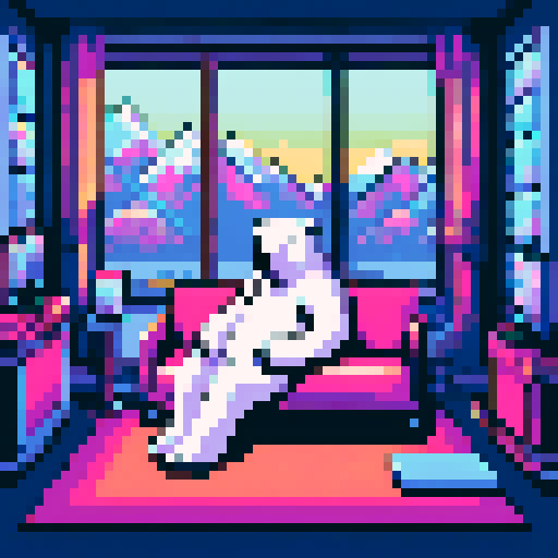 "An 8-bit pixel art of a wealthy polar bear in a high-tech mansion. The bear, in a suit and sunglasses, lounges on a sleek sofa surrounded by holographic displays, LED lighting, and smart glass walls. Crypto symbols glow on digital panels, and a workstation with trading charts highlights his success. A panoramic window reveals icy mountains, blending luxury and futuristic tech."
