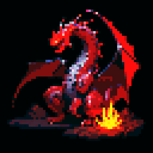 silver dragon, red scales, fire-breathing, dark environment, pixel art, sRGB