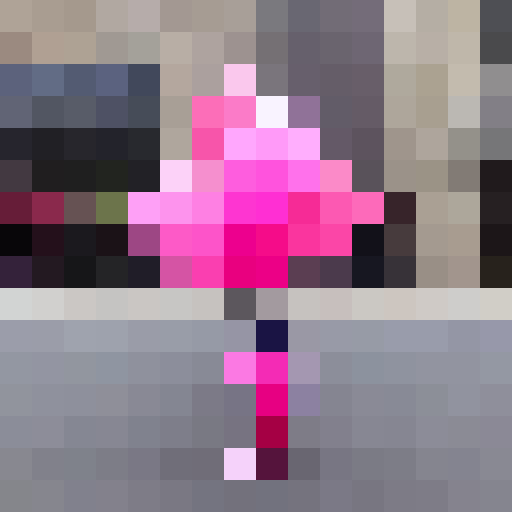 an pink dinosaur,with black glasses,hold a bunch of balloons， standing at the cross street