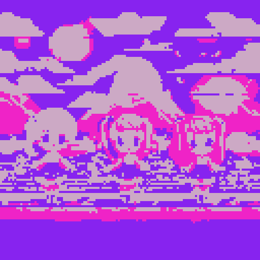 kawaii cheerleaders with pigtail hair, neon colors, against a pixel art background featuring a galaxy in the sky and a meat landscape