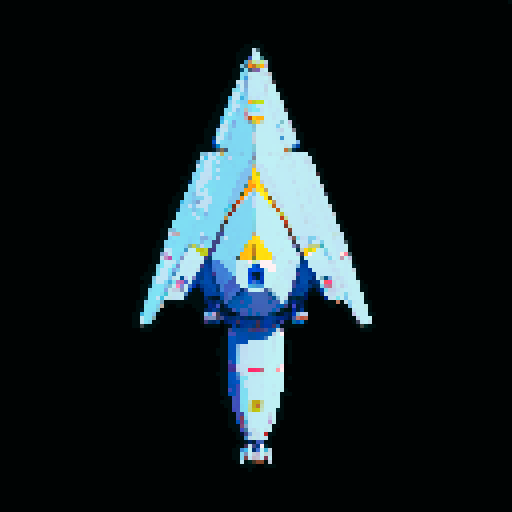 a pure 2d sprite for a space game. a top down view of a triangular spaceship all by itself ,style of the 80s. The spaceship should not have any shadows.