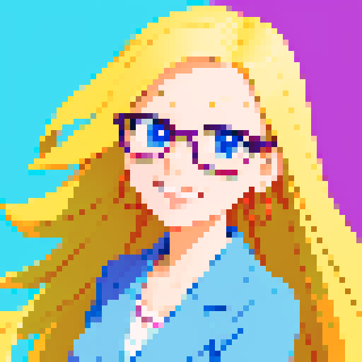 Smart girl with glasses, with average breasts, mathematics, playful, cheerful, smiling, with a pointer in her hand, face, long blond hair, character portrait, rendered in a vibrant anime style with intricate pixel art details